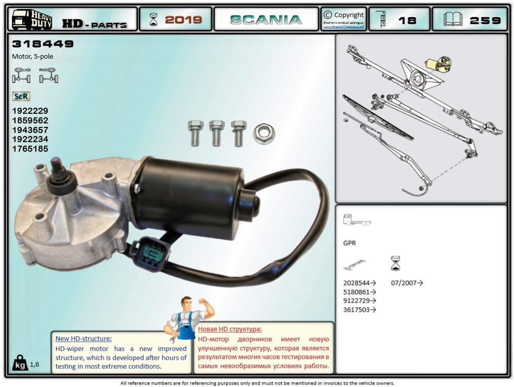 Электродвигатель стеклоочистителя SCANIA-4/P/R/G 24V 2007=> - HD Parts/318449