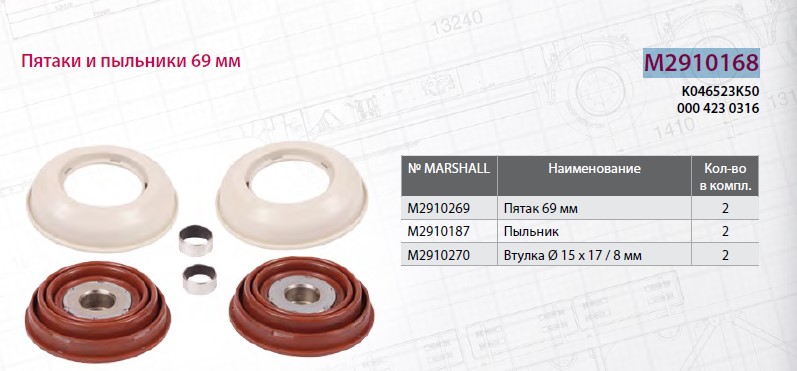 Р/к суппорта KNORR SM/SL7  (упоры+пыльники) с буртом - MARSHALL/M2910168