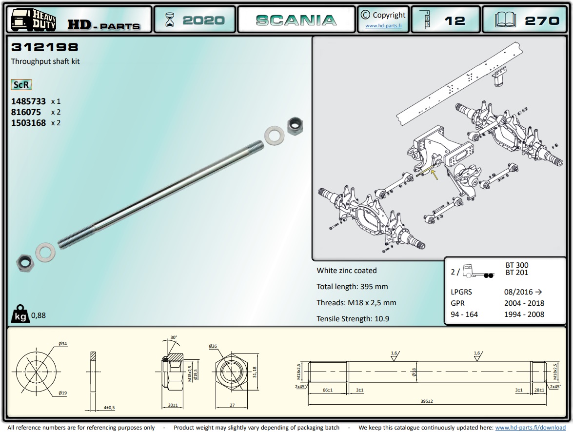 Шпилька реактивной тяги SCANIA-4/P/R + шайбы + гайки - HD Parts/312198