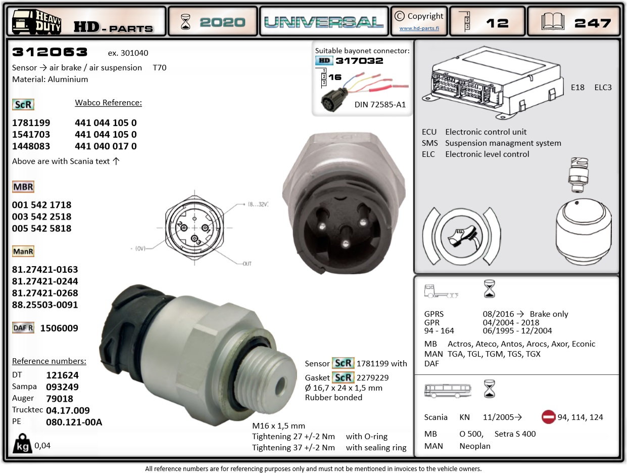 Датчик давления воздуха пневморессор SCANIA/MB/DAF/IVECO (байонет/M16x1.5) - HD Parts/312063