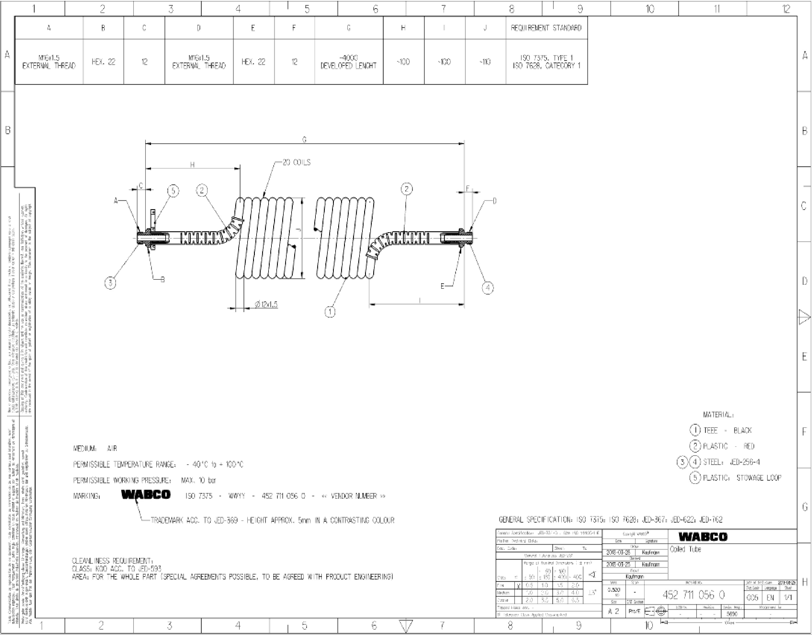 Шланг тягач-прицеп M16-M16 L=4500мм красный -40°С...+100°С, max 10bar - WABCO/4527110560