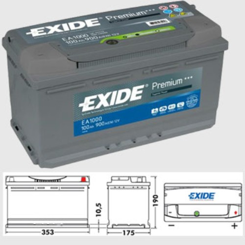 Аккум. батарея Premium 100Ah 900A 12V 353х175х190 B13 (- +) - EXIDE/EA1000