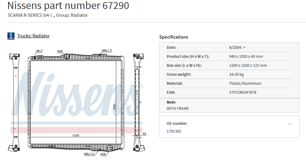 Радиатор SCANIA-P/R/G, 940x1050x40мм, c 3/2004->, с рамкой - NISSENS/67290