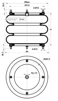 Пневморессора 16"х3, 3B-400 HYD, 4хM10, резьба - 1/2" - FIRESTONE/W01R584065