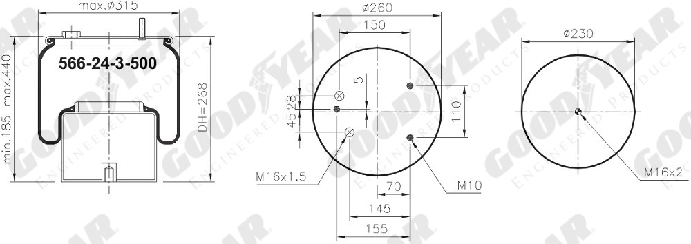 Пневморессора 836MK2 DAF метал. стакан 2 подвода - GOODYEAR/SPRINGRIDE/1R12-711