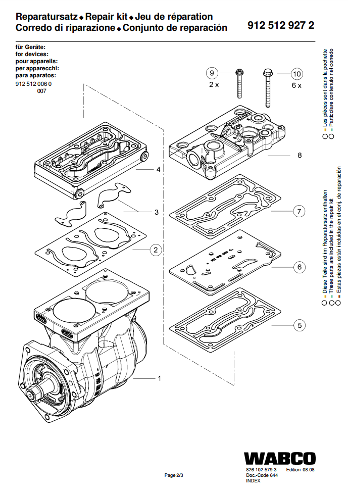 Р/к компрессора WABCO 4127040180 VOLVO FM/FMX (прокладки + болты) - WABCO/9125129272