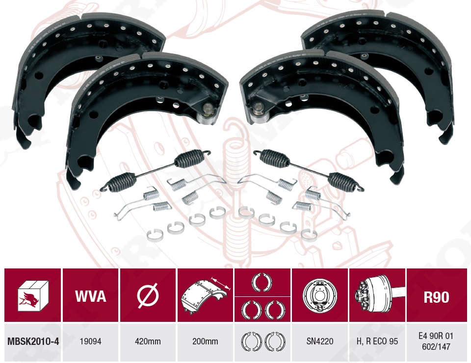 Колодки торм. с накл. BPW SN4220 (компл. на ось + крепёж) - MERITOR/ROR/MBSK2010-4