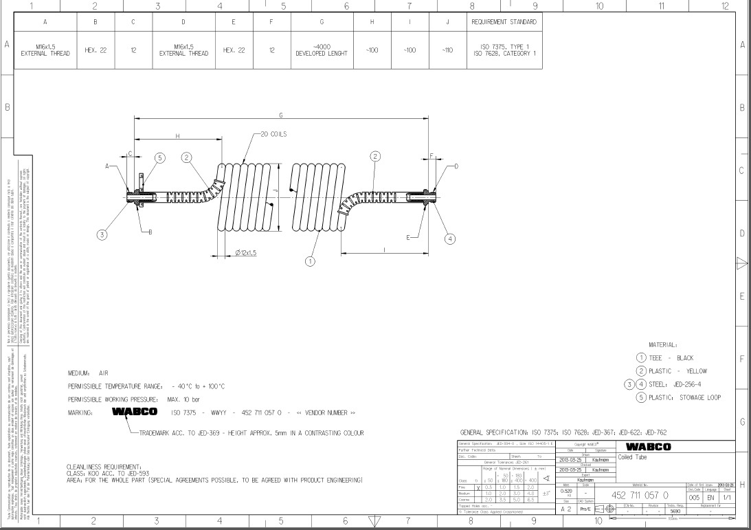 Шланг тягач-прицеп M16-M16 L=4500мм жёлтый -40°С...+100°С, max 10bar - WABCO/4527110570