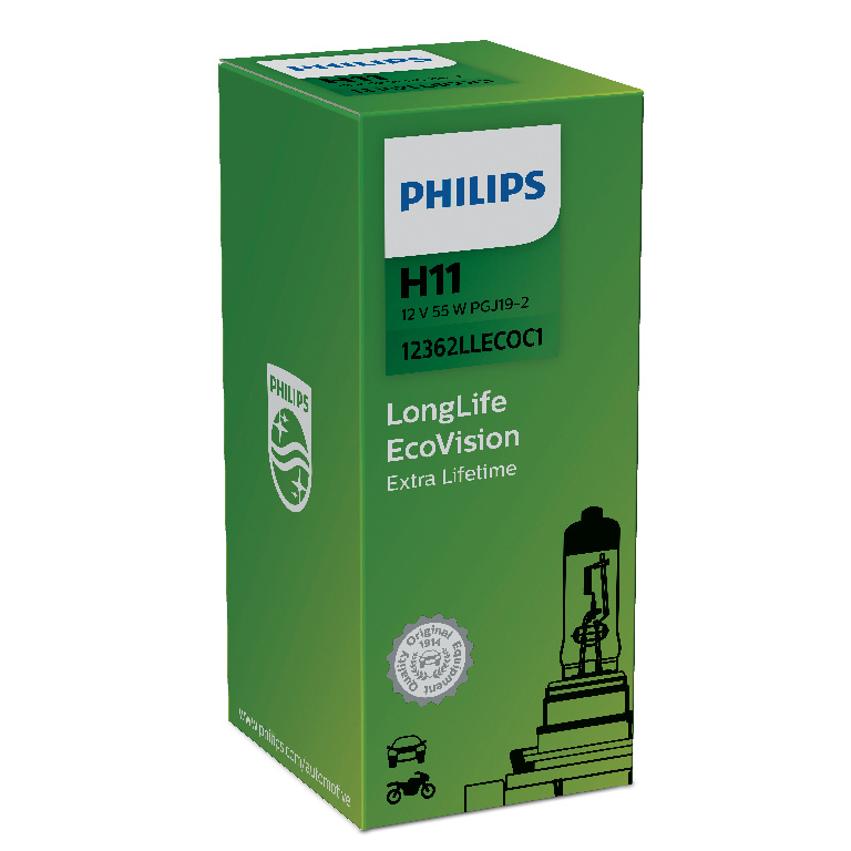 Лампа H11 12V 55W PGJ19-2 LongLife EcoVision - PHILIPS/12362LLECOC1
