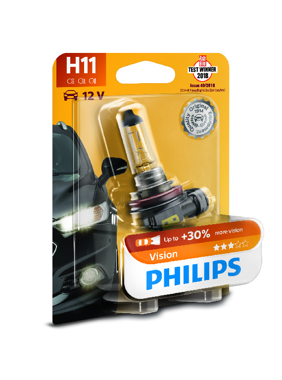 Лампа H11 12V 55W PGJ19-2 Vision +30% (блистер 1шт.) - PHILIPS/12362PRB1