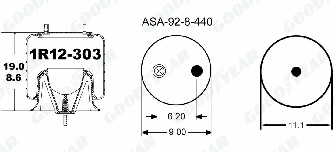 Пневморессора FREIGHTLINER пласт. стакан H=395мм - GOODYEAR/SPRINGRIDE/1R12-303
