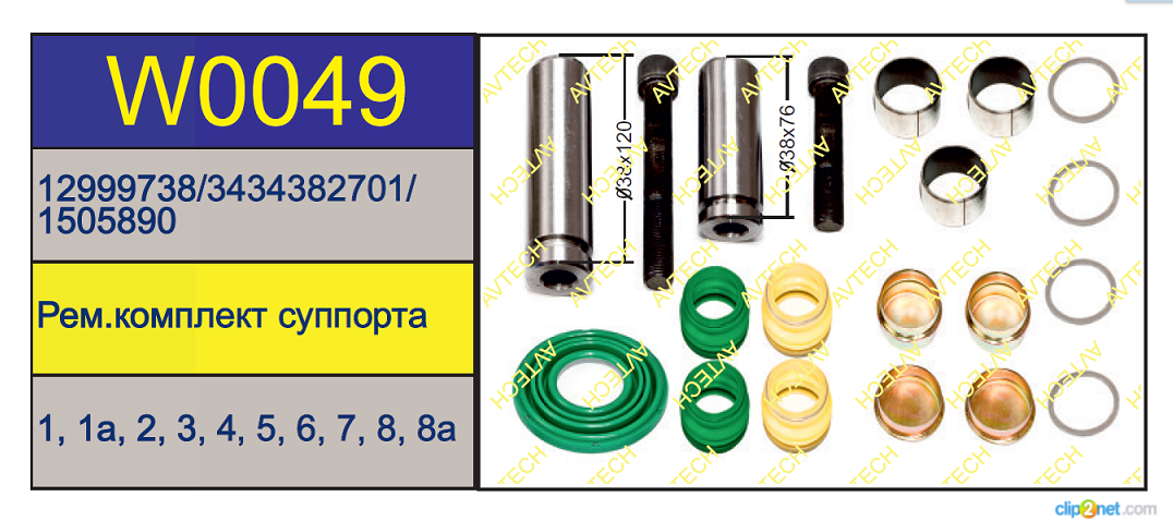 Р/к суппорта WABCO PAN19-1/22-1 (направл.+пыльники+втулки "пыльники зелёные+ белые" ) - AVTECH/W0049